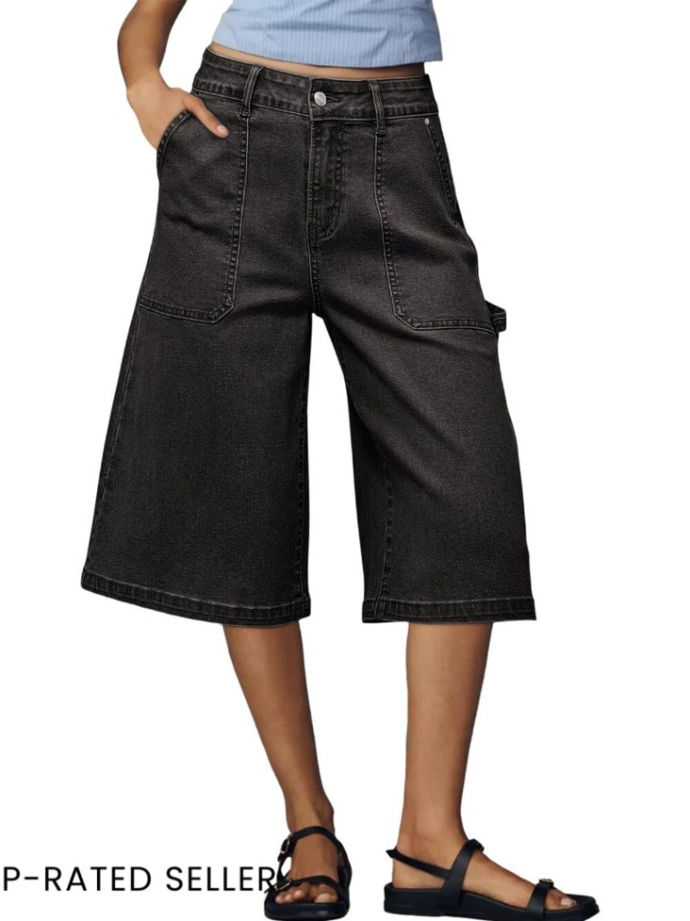 High Waisted Wide Leg Cargo Denim Shorts Stretch Casual Below Knee Length
